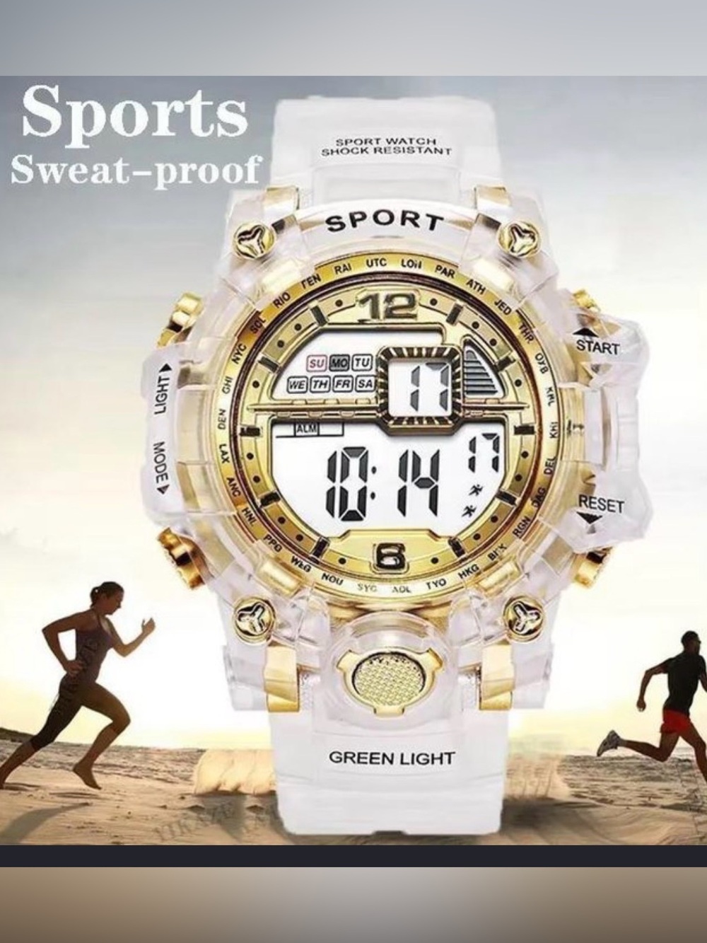 Sport Light Up Digital Utility Watch in Clear and Gold